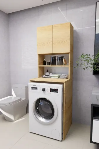 Mirobi MRB-VRN-ÇMŞ-MKN-DLP Verani Çamaşır Makinesi Dolabı Banyo Kiler Çift Kapaklı Arkalıklı Dolap Çam 180X65X30