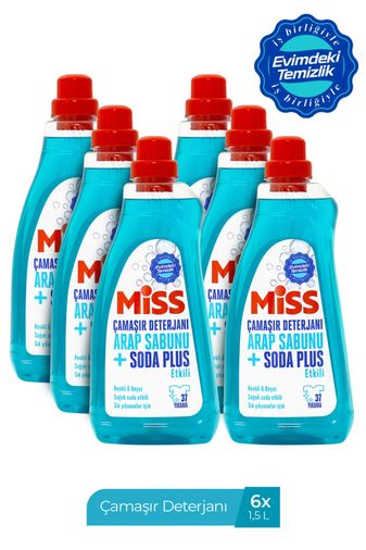 Miss Arap Sabunu ve Soda Plus Etkili Sıvı Çamaşır Deterjanı Renkli & Beyaz 1500ML (6 Lı Set) 1 Koli