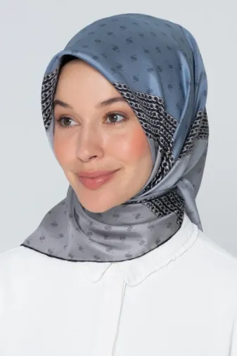 Modern Twill Ipek Eşarp Modeli Özel Nostalji Serisi Gri Fume Indigo 8113d-04 Eşarp