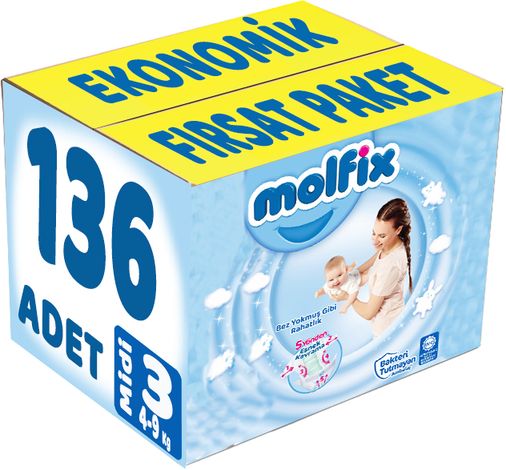 Molfix Bebek Bezi 3 Beden 4-9 KG Midi 136 Adet Ekonomik Fırsat Pk