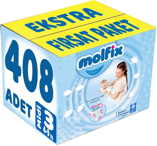 Molfix Bebek Bezi 3 Beden 4-9 KG Midi 408 Adet Ekstra Fırsat Pk
