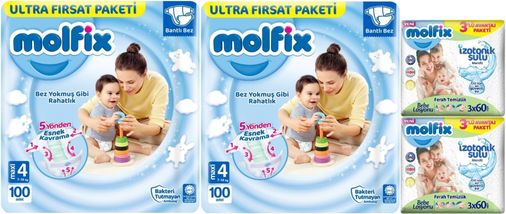 Molfix Bebek Bezi 4 Beden 7-14 KG Maxi 200 Adet Ekonomik Ultra Fırsat Pk+6 Adet Islak Mendil