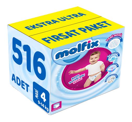Molfix Külot Bebek Bezi 4 Beden 9-14 KG Maxi 516 Adet Ekstra Ultra Fırsat Pk