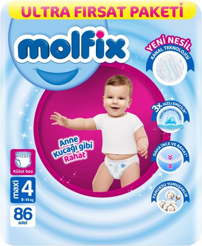Molfix Külot Bebek Bezi 4 Beden 9-14 KG Maxi 86 Adet Ultra Fırsat Pk