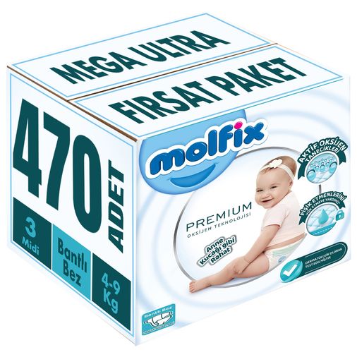 Molfix Premium Bebek Bezi 3 Beden 4-9 KG Midi 470 Adet MeGa Ultra Fırsat Pk