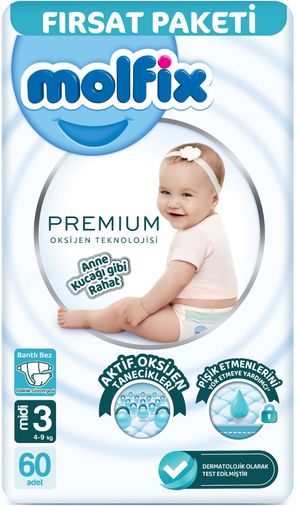 Molfix Premium Bebek Bezi 3 Beden 4-9 KG Midi 60 Adet Fırsat Pk