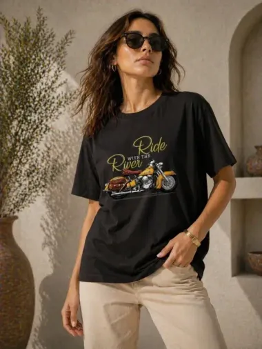 Motosiklet Baskılı Tişört Bisiklet Yaka Kısa Kol Yazlık T-Shirt - Siyah - XS - Siyah