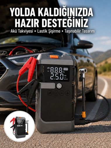 motto ticaret 132218468 Mey İthalat Işıklı Hava Kompresörlü Taşınabilir Akü Takviye Ünitesi Yeni Nesil