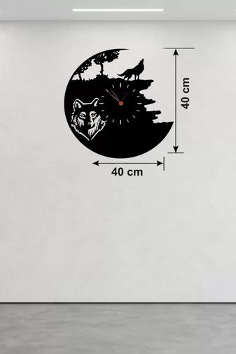 motto ticaret MEYKTTB2235455532-BLMY Mey İthalat Kurt Temalı Lazer Kesim Ahşap Duvar Saati - 40X40 Cm Dekoratif Çok Renkli