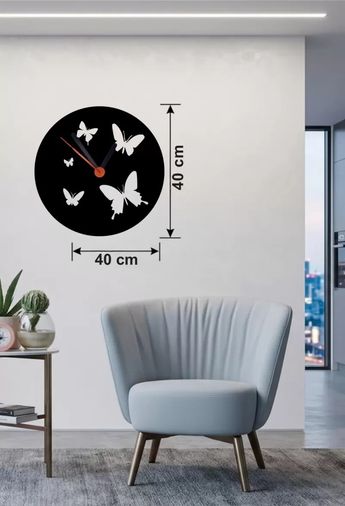 motto ticaret MEYKTTB2235817514-BLMY Mey İthalat Uçuşan Kelebekler Tasarım Ahşap Duvar Saati - 40X40 Cm Dekoratif Çok Renkli