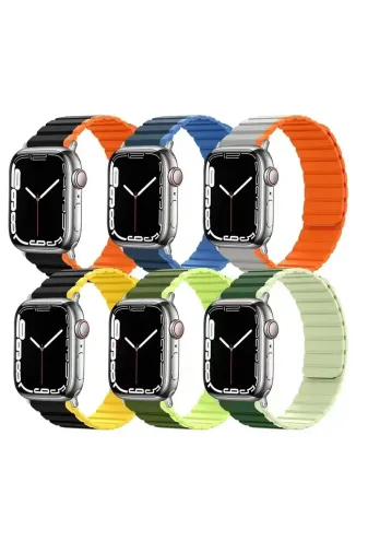 Movenchy Apple Watch 42mm MO-WB1 Çift Renk Mıknatıslı Silikon Kordon - Siyah-Turuncu
