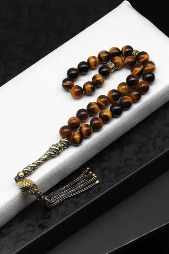 MuhammedMasumCo PRA-13508956-2061 Kaplan Gözü Doğal Taş Tesbih 925 Ayar Gümüş – 8 Mm Küre Kesim | 33’Lü