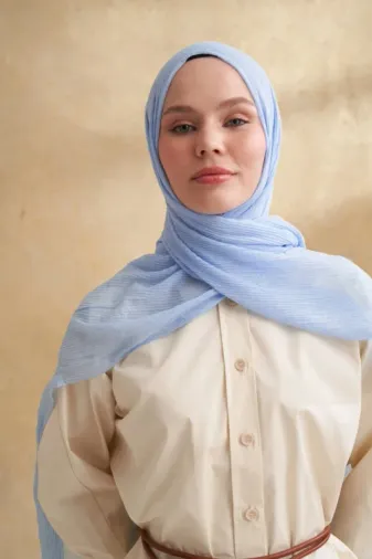 Müslin Yaprak Desen Şal 3351-148 Bebe Mavisi