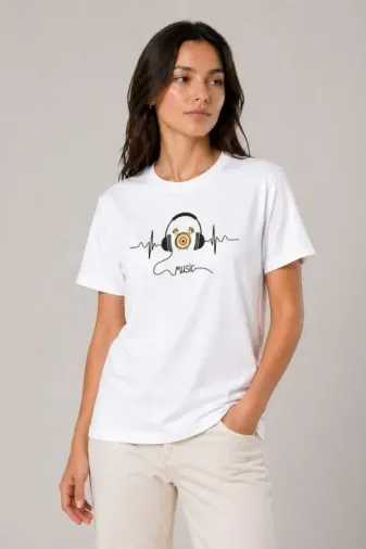 Müzik Temalı Baskılı Tişört Bisiklet Yaka Kısa Kol T-Shirt - Beyaz - M - Beyaz