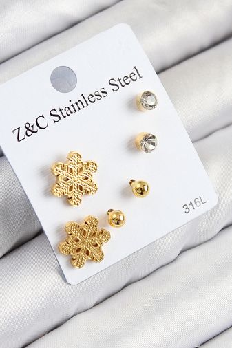 Nehir BKP11122-BLNC 316L Çelik Zirkon Taşlı Kar Tanesi Model Gold Renk Kadın Set Küpe Altın