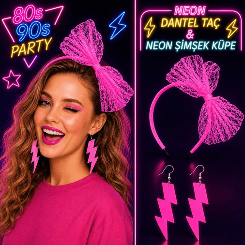 Neon Pembe Dantel Taç ve Şimşek Küpe 80'ler 90'lar Parti Seti