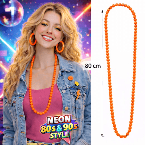 Neon Turuncu Boncuk Kolye 80 Cm – Retro 80’ler 90’lar Parti Aksesuarı