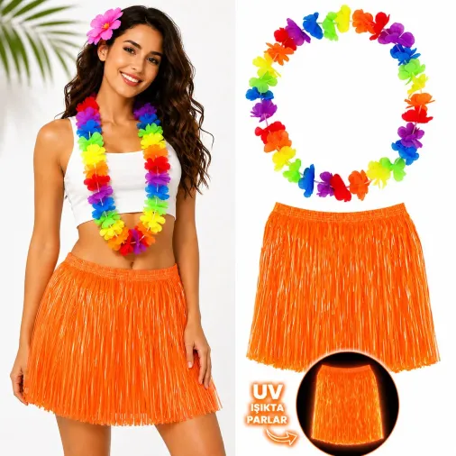 Neon Turuncu Hawaii Etek 40 cm ve Rengarenk Hawaii Kolye (4745)