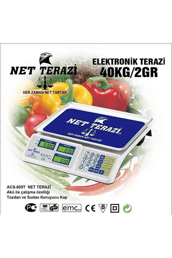 Net Terazi ACS809T Market Pazarcı Ve Kasap Terazisi 40 Kg Kapasiteli Elektronik Dijital Bakkall Manav Tartısı