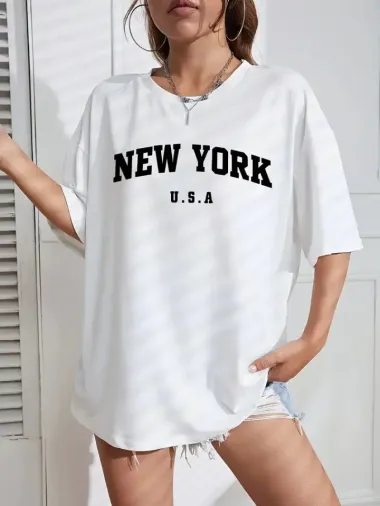 New York Baskılı Oversize Bisiklet Yaka T-shirt - Beyaz - L - Beyaz