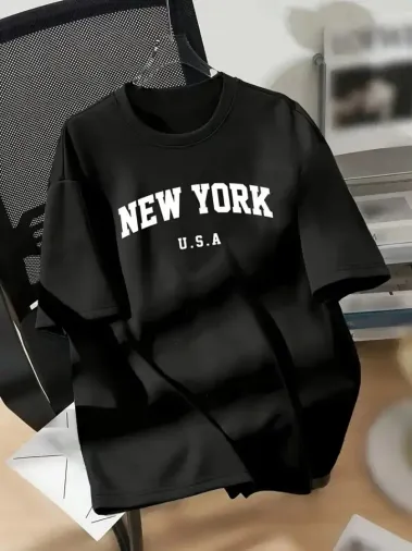 New York Baskılı Oversize Bisiklet Yaka T-shirt - Siyah - M - Siyah