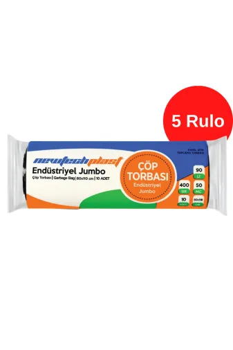 Newtechplast TYBBT064Q88T4Y0B85 Endüstriyel Jumbo Boy Çöp Torbası, Siyah, 80 X 110 Cm,, 400 Gr,, 5 Rulo
