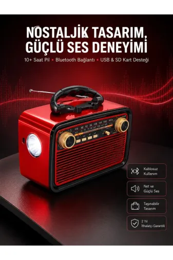 Nostaljik Görünümlü Ahşap Radyo TF SD USB Girişli Led Fener Işıklı