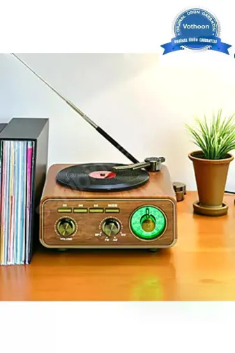 Nostaljik Tasarım Plak Çalar Görünümlü Radyolu Bluetooth Hoparlör Retro Müzik Plak Açık Kahverengi