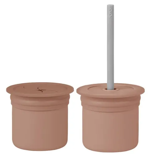 OiOi Ham+Hüp Pipetli Silikon Bardak Seti Woody Brown / Powder Grey