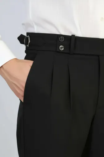 Old Money Stil Çift Pileli Yüksek Bel Toka Detaylı Slim Fit Siyah Erkek Pantolon – Wessi