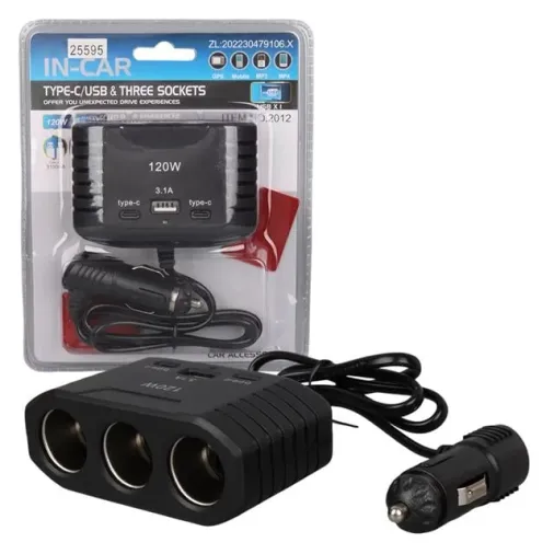 Olesson 2012 12-24v Çift Type-c - Tek Usb Girişli 120w 80cm Kablolu 3'lü Araç Çakmak Çoklayıcı