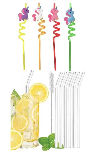 Online Kapında Mutfa-00330 6 Adet Sevimli Emojili Kokteyl Plastik Pipet Ve 6 Adet Cam Pipet +1 Temizleme Fırçası