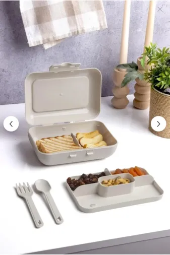 Online Kapında Mutfak-00000403 Lüks Bej Lunch Box 2 Katlı 5 Bölmeli Kendinden Çatal Kaşıklı Beslenme Kutusu