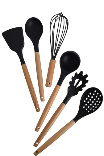 Online Kapında Mutfak-00165 Lüks 6 Parça Yanmaz Yapışmaz Bambu Saplı Silikon Kepçe Spatula Mutfak Pişirme Gereçleri Seti Siyah
