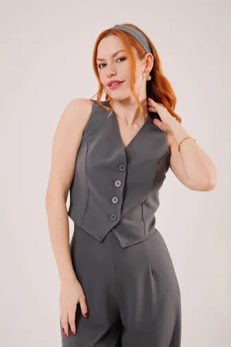 Önü Düğmeli Gri Yelek - S - Gri