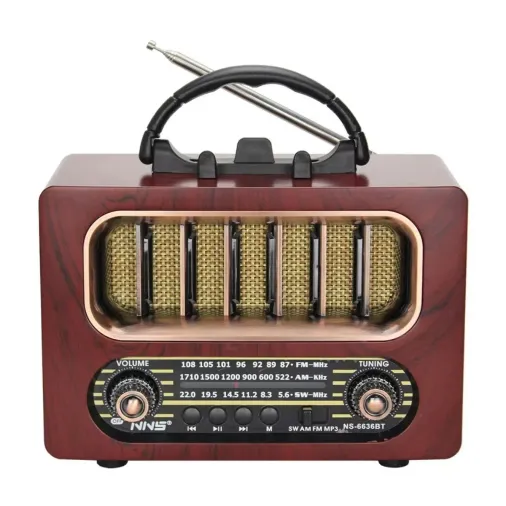 Orta Boy Retro Ahşap Tasarım Bluetooth Hoparlörlü Radyo – FM/AM Destekli, Şarjlı ve Taşınabiliri Radyo NS-6636 (4745)