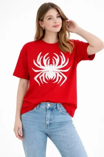 Örümcek Baskılı Tişört Kısa Kollu Bisiklet Yaka T-Shirt - Kırmızı - XS - Kırmızı