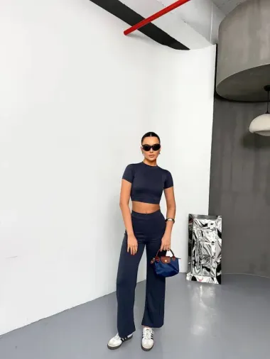 Osy Modal Yumuşak Dokulu Kumaş Kısa Kollu Crop Alt Ispanyol Paça Pantalon Ikili Takım - Füme - S - Füme