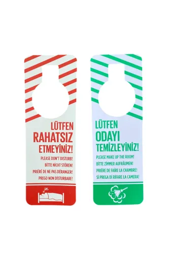 otel bukleti dndkartbuklet1 Çift Taraflı Dnd Kapı Kolu Kartı (Rahatsız Etmeyin Odayı Temizleyin) Otel Odası Kapı Askısı