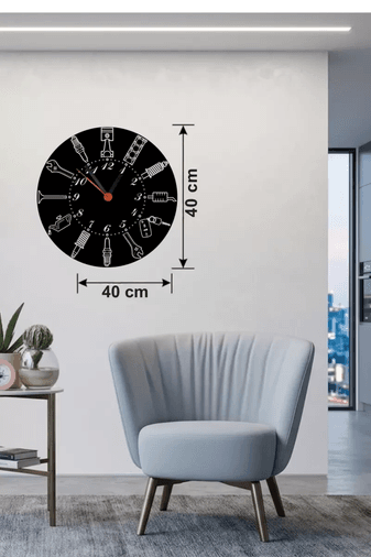 Otomobil Parçaları Tasarım Ahşap Duvar Saati - 40x40 cm Mekanik Saat