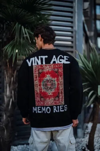 Oversize Bisiklet Yaka Üç İplik Baskılı SweatShirt - Siyah - S - Siyah