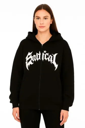 Oversize Kapüşonlu Sweatshirt Hoodie 3 İplik Şardonlu Pamuklu Kumaş, Önü Baskılı, Fermuarlı Rahat Kalıp, Kışlık Ve Sokak Stili Sweat - Siyah - 2XL -