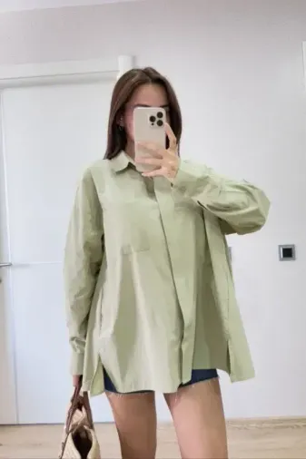 Oversize Pens Detaylı Cepli Yırtmaçlı Rahat Kalıp Poplin Gömlek - Yeşil - M - Yeşil