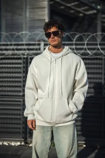 Oversize Tam Fermuarlı Uzun Kol Hırka - Beyaz - XL - Beyaz