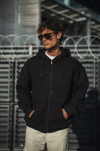 Oversize Tam Fermuarlı Uzun Kol Hırka - Siyah - XL - Siyah