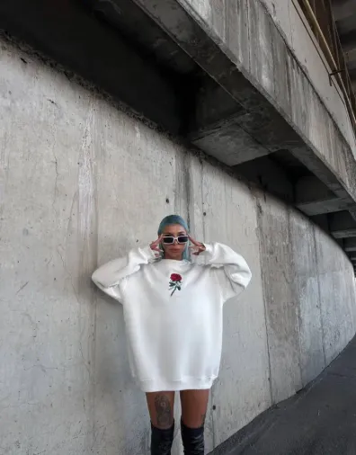 Oversize Üç İplik Bisiklet Yaka Baskılı SweatShirt - Beyaz - M - Beyaz
