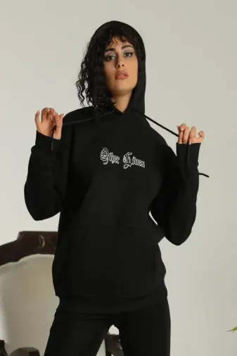 Oversize Üç İplik Kapüşonlu Sweatshirt – Siyah “Other Lives” Ön Ve Arka Baskılı, Şardonlu Kışlık, Rahat Günlük Model Siiyah - XL - Siyah