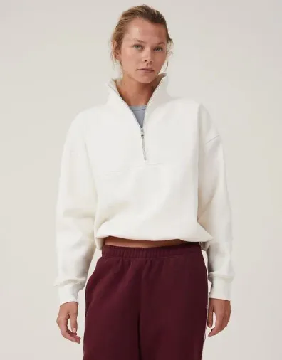 Oversize Yarım Farmuarlı Yakalı Basic SweatShirt - Beyaz - S - Beyaz