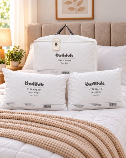 Özdilek (King Size Set) Doğal 1 Adet Yün Yorgan + 2 Adet Yün Yastık
