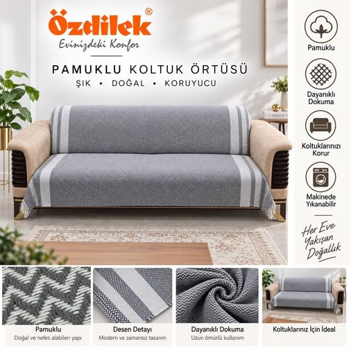 Özdilek Pamuklu Kaymaz Zigzag Koltuk Örtüsü (170x210)